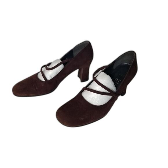 90S Vintage Brown Suede Leather Stuart Weitzman Mary Jane Pumps Block Heels - Picture 6 of 9